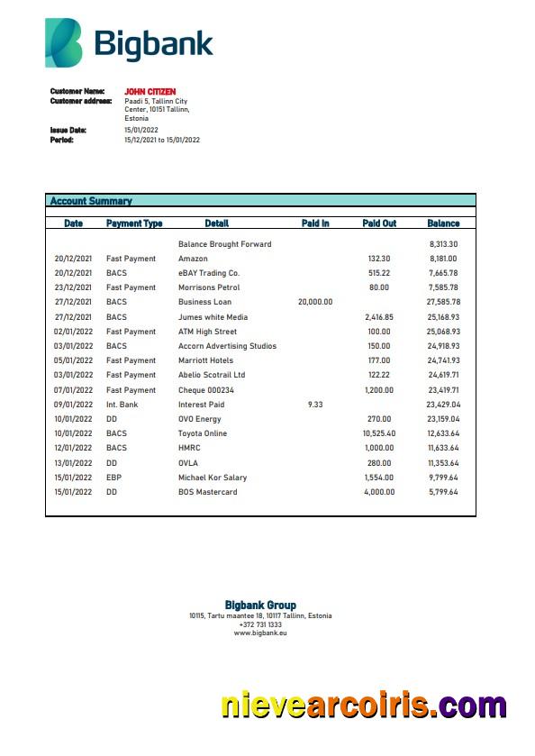 Estonia Bigbank bank statement, Word and PDF format